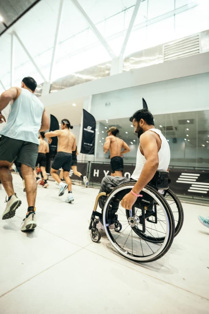 Mohammad Imran propelling his wheelchair with athletic intensity at HYROX Delhi